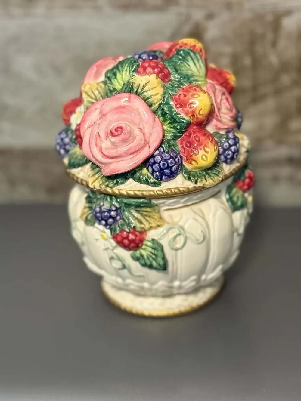 Fitz and Floyd Ceramic Lidded Candy Dish - Roses & Berries Design